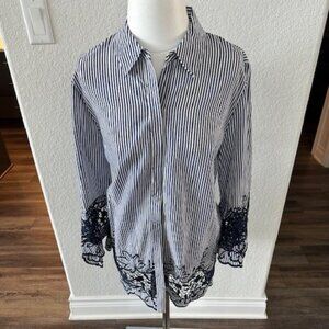 Elie Tahari Blue & White Striped Ladies Blouse Size L